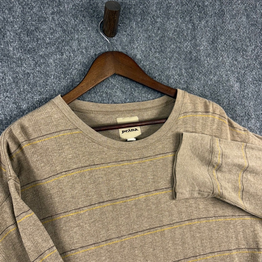 Prana Mens Long Sleeve Striped T Shirt Crew Neck Casual Top Beige Size L